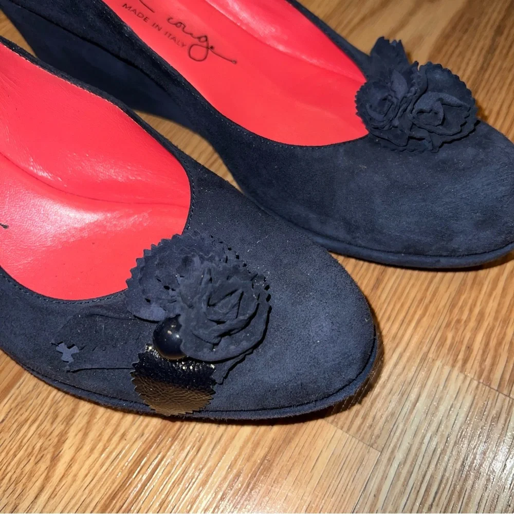 Pas‎ de Rouge Blue Suede 2.5” wedge Heels with rosette bows